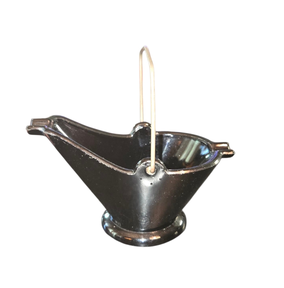 Vintage Black Glass & Wire Coal Scuttle Bucket Shaped Ash‎ Tray 4.75"X4"X2.75"